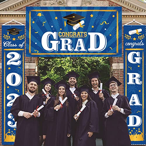 RONRONS 3 Pieces Graduation Party Decoration Banner Set, 2023 Grad Graduation Porch Sign, Front Door Wall Yard Hanging Background Signs for Indoor Outdoor School College (Blue)