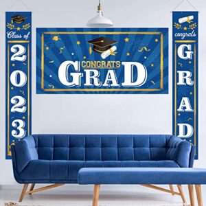 RONRONS 3 Pieces Graduation Party Decoration Banner Set, 2023 Grad Graduation Porch Sign, Front Door Wall Yard Hanging Background Signs for Indoor Outdoor School College (Blue)