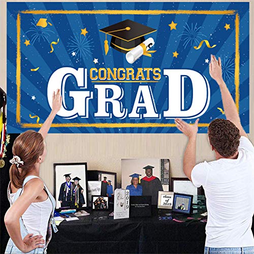 RONRONS 3 Pieces Graduation Party Decoration Banner Set, 2023 Grad Graduation Porch Sign, Front Door Wall Yard Hanging Background Signs for Indoor Outdoor School College (Blue)