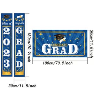 RONRONS 3 Pieces Graduation Party Decoration Banner Set, 2023 Grad Graduation Porch Sign, Front Door Wall Yard Hanging Background Signs for Indoor Outdoor School College (Blue)