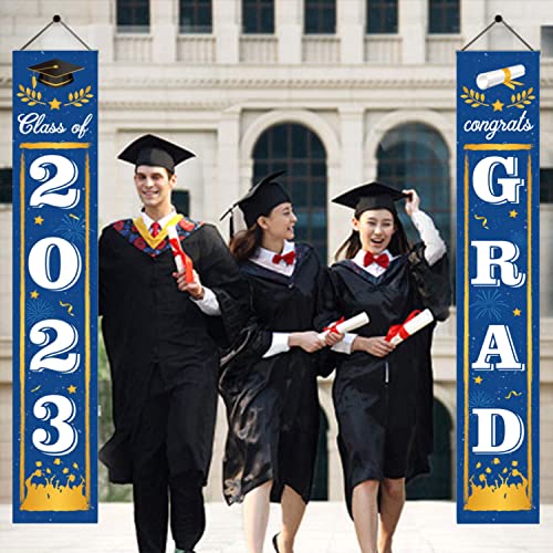 RONRONS 3 Pieces Graduation Party Decoration Banner Set, 2023 Grad Graduation Porch Sign, Front Door Wall Yard Hanging Background Signs for Indoor Outdoor School College (Blue)