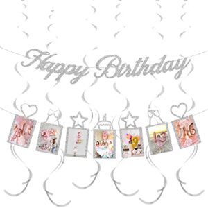 concico birthday decorations – silver happy birthday photo banner and hanging swirls of birthday party decor(silver)
