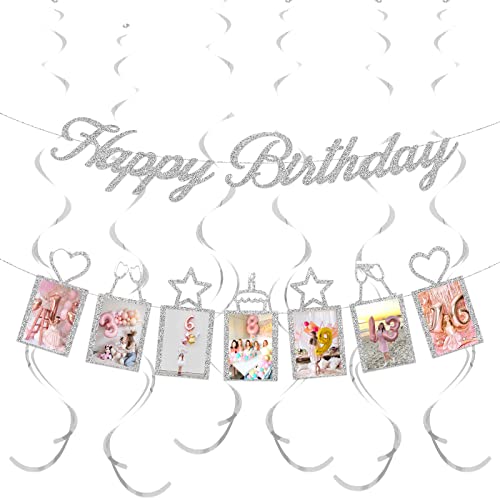 Concico Birthday decorations - Silver Happy Birthday Photo banner and Hanging Swirls of Birthday party decor(Silver)