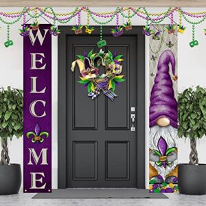 mardi gras porch banners welcome masquerade gnome door banner with gnome fleur de lis pattern new orleans carnival hanging banners festive home decorations for indoor outdoor supplies (carnival theme)