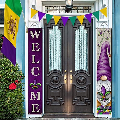 Mardi Gras Porch Banners Welcome Masquerade Gnome Door Banner with Gnome Fleur De Lis Pattern New Orleans Carnival Hanging Banners Festive Home Decorations for Indoor Outdoor Supplies (Carnival Theme)