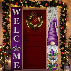 Mardi Gras Porch Banners Welcome Masquerade Gnome Door Banner with Gnome Fleur De Lis Pattern New Orleans Carnival Hanging Banners Festive Home Decorations for Indoor Outdoor Supplies (Carnival Theme)