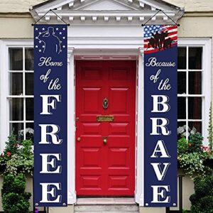 patriotic soldier porch sign banners -“home of the free” and “because of the brave”- 4th of july decor – american flag hanging banner for independence day/ memorial day/ veterans day/ labor day