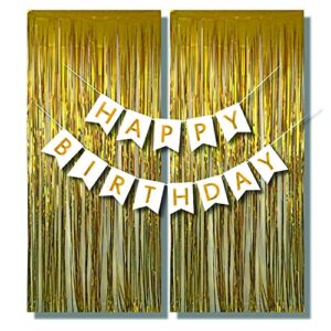 White and Gold Happy Birthday Banner Sign with Two Matching Gold Curtains Sturdy Preassembled Party Decorations by Dream VZN