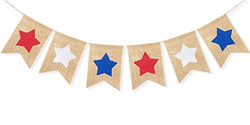 Uniwish Red White and Blue Stars Banner, Patriotic 4th of July Decorations American Independence Day Garden Flag Garland Burlap Bunting Sign