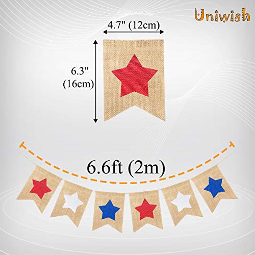 Uniwish Red White and Blue Stars Banner, Patriotic 4th of July Decorations American Independence Day Garden Flag Garland Burlap Bunting Sign