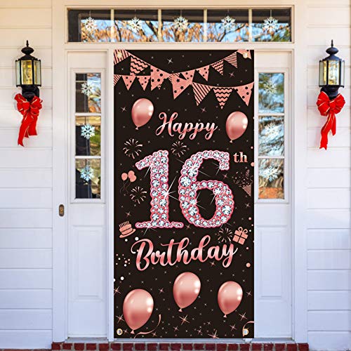 Lnlofen 16th Birthday Door Banner Decorations for Girls, Large 16 Year Old Birthday Party Door Cover Backdrop Supplies, Happy Sixteen Birthday Poster Sign(Rose Gold)