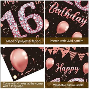 Lnlofen 16th Birthday Door Banner Decorations for Girls, Large 16 Year Old Birthday Party Door Cover Backdrop Supplies, Happy Sixteen Birthday Poster Sign(Rose Gold)