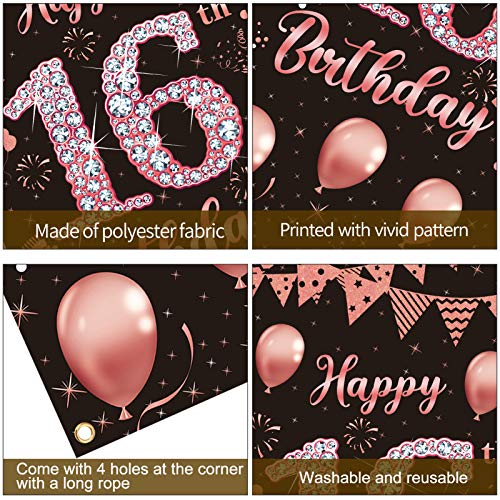 Lnlofen 16th Birthday Door Banner Decorations for Girls, Large 16 Year Old Birthday Party Door Cover Backdrop Supplies, Happy Sixteen Birthday Poster Sign(Rose Gold)