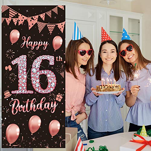 Lnlofen 16th Birthday Door Banner Decorations for Girls, Large 16 Year Old Birthday Party Door Cover Backdrop Supplies, Happy Sixteen Birthday Poster Sign(Rose Gold)