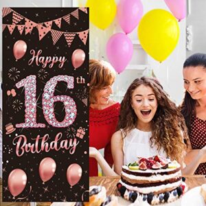 Lnlofen 16th Birthday Door Banner Decorations for Girls, Large 16 Year Old Birthday Party Door Cover Backdrop Supplies, Happy Sixteen Birthday Poster Sign(Rose Gold)