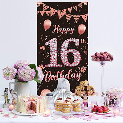 Lnlofen 16th Birthday Door Banner Decorations for Girls, Large 16 Year Old Birthday Party Door Cover Backdrop Supplies, Happy Sixteen Birthday Poster Sign(Rose Gold)