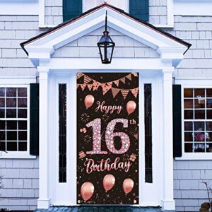 Lnlofen 16th Birthday Door Banner Decorations for Girls, Large 16 Year Old Birthday Party Door Cover Backdrop Supplies, Happy Sixteen Birthday Poster Sign(Rose Gold)