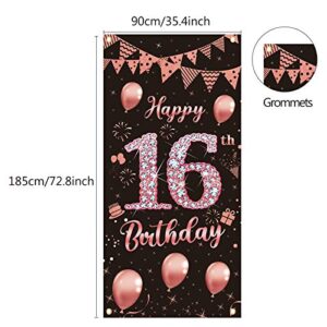 Lnlofen 16th Birthday Door Banner Decorations for Girls, Large 16 Year Old Birthday Party Door Cover Backdrop Supplies, Happy Sixteen Birthday Poster Sign(Rose Gold)