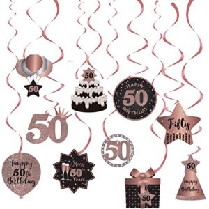 happy 50th birthday party hanging swirls streams ceiling decorations, celebration 50 foil hanging swirls with cutouts for 50 years rose gold birthday party decorations supplies