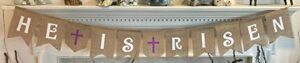 he is risen burlap banner – easter bunting decoration with crosses – religious holiday bunting wall hanging – ready to hang church prop decorations by jolly jon