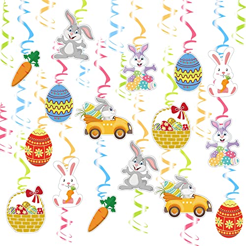 Mocossmy Easter Hanging Swirl Decorations,30 PCS Easter Egg Baskets Bunny Carrot Hanging Swirl Foil Ceiling Streamers for Easter Spring Home Office Classroom Party Ornaments Favors Supplies Decoration