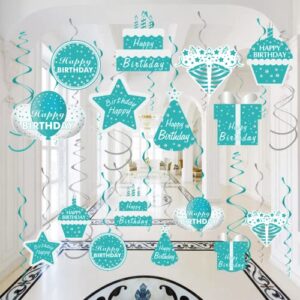 teal silver birthday decorations hanging swirls party supplies, 30pcs breakfast blue happy birthday foil swirls for girls women, 16th 21st 30th 40th 50th 60th bday ceiling swirls sign