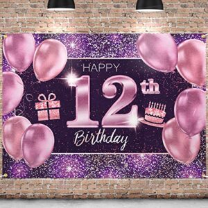 PAKBOOM Happy 12th Birthday Banner Backdrop - 12 Birthday Party Decorations Supplies for Girl - Pink Purple Gold 4 x 6ft