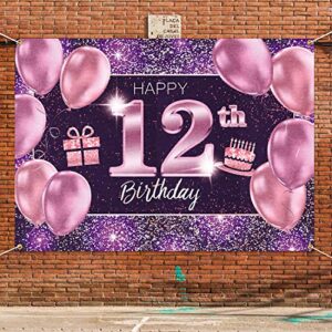 PAKBOOM Happy 12th Birthday Banner Backdrop - 12 Birthday Party Decorations Supplies for Girl - Pink Purple Gold 4 x 6ft