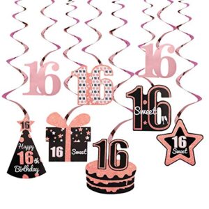 excelloon 16th birthday decorations, 8pcs 16 foil hanging swirls, sweet 16 birthday hat cake present star decorations, happy 16th birthday party supplies (rose gold)