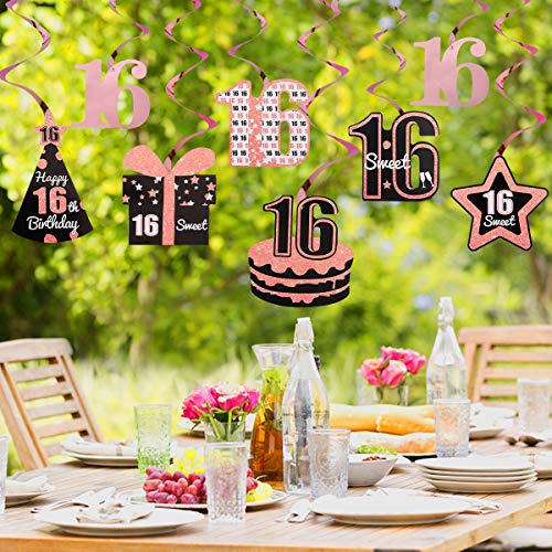 Excelloon 16th Birthday Decorations, 8Pcs 16 Foil Hanging Swirls, Sweet 16 Birthday Hat Cake Present Star Decorations, Happy 16th Birthday Party Supplies (Rose Gold)