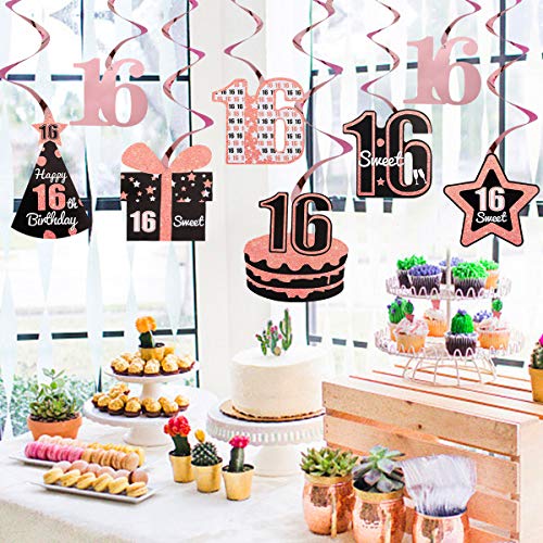 Excelloon 16th Birthday Decorations, 8Pcs 16 Foil Hanging Swirls, Sweet 16 Birthday Hat Cake Present Star Decorations, Happy 16th Birthday Party Supplies (Rose Gold)