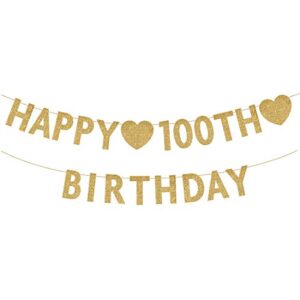 gold happy 100th birthday banner, glitter 100 years old woman or man party decorations, supplies