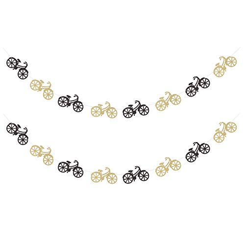 Black and Gold Bicycle Party Banner Bike Sports Theme Garland for Boy Birthday Baby Shower Party Decoration - 2 Strands