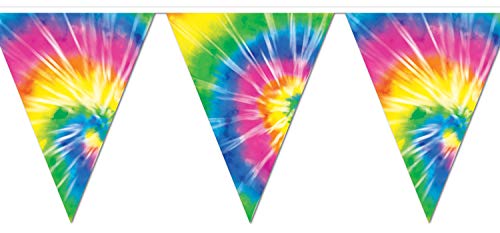 Beistle 1960’s Tie Dyed Pennant Banner – Indoor/Outdoor Hanging Décor For 60’s Theme and Birthday Party Supplies