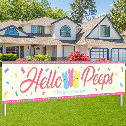 Large Happy Easter Sign Banner Spring Easter Decoration Hello Peeps Indoor and Outdoor Banner Easter Party Decoration Background Photo Prop (9.8 x 1.9 ft)