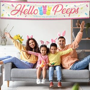 Large Happy Easter Sign Banner Spring Easter Decoration Hello Peeps Indoor and Outdoor Banner Easter Party Decoration Background Photo Prop (9.8 x 1.9 ft)