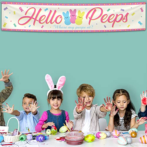 Large Happy Easter Sign Banner Spring Easter Decoration Hello Peeps Indoor and Outdoor Banner Easter Party Decoration Background Photo Prop (9.8 x 1.9 ft)