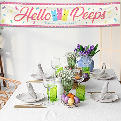 Large Happy Easter Sign Banner Spring Easter Decoration Hello Peeps Indoor and Outdoor Banner Easter Party Decoration Background Photo Prop (9.8 x 1.9 ft)