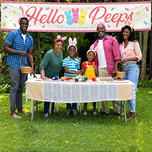 Large Happy Easter Sign Banner Spring Easter Decoration Hello Peeps Indoor and Outdoor Banner Easter Party Decoration Background Photo Prop (9.8 x 1.9 ft)