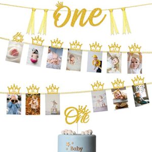 first birthday decorations, 1st birthday photo banner for newborn to 12months, gold “one” birthday banner and one cake topper for birthday party (gold glitter)