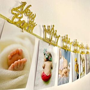 First Birthday Decorations, 1st Birthday Photo Banner for Newborn to 12Months, Gold “ONE” Birthday Banner and ONE Cake Topper for Birthday Party (Gold Glitter)