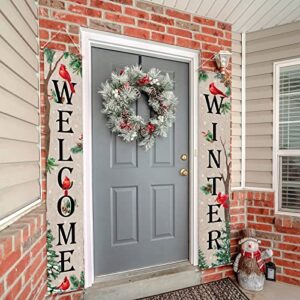 Tiamon Welcome Winter Porch Banner Cardinal Outdoor Porch Signs Red Bird Front Door Banner for Winter Holiday Xmas Door Wall Farmhouse Home Decorations, 12 x 72 Inch