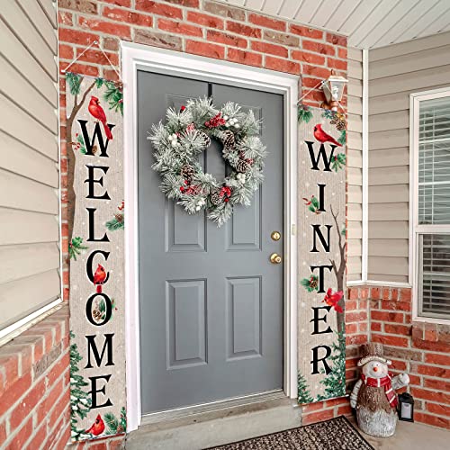 Tiamon Welcome Winter Porch Banner Cardinal Outdoor Porch Signs Red Bird Front Door Banner for Winter Holiday Xmas Door Wall Farmhouse Home Decorations, 12 x 72 Inch