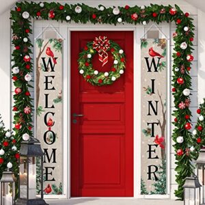 tiamon welcome winter porch banner cardinal outdoor porch signs red bird front door banner for winter holiday xmas door wall farmhouse home decorations, 12 x 72 inch