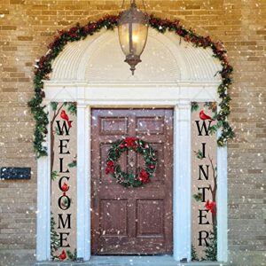 Tiamon Welcome Winter Porch Banner Cardinal Outdoor Porch Signs Red Bird Front Door Banner for Winter Holiday Xmas Door Wall Farmhouse Home Decorations, 12 x 72 Inch