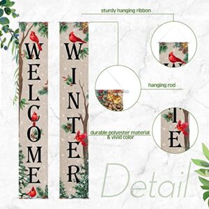 Tiamon Welcome Winter Porch Banner Cardinal Outdoor Porch Signs Red Bird Front Door Banner for Winter Holiday Xmas Door Wall Farmhouse Home Decorations, 12 x 72 Inch