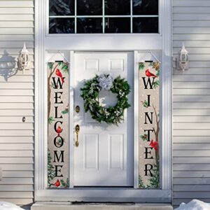 Tiamon Welcome Winter Porch Banner Cardinal Outdoor Porch Signs Red Bird Front Door Banner for Winter Holiday Xmas Door Wall Farmhouse Home Decorations, 12 x 72 Inch