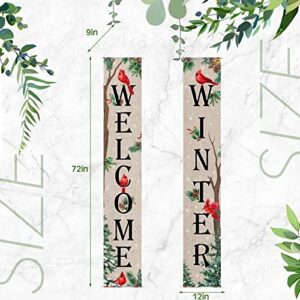 Tiamon Welcome Winter Porch Banner Cardinal Outdoor Porch Signs Red Bird Front Door Banner for Winter Holiday Xmas Door Wall Farmhouse Home Decorations, 12 x 72 Inch