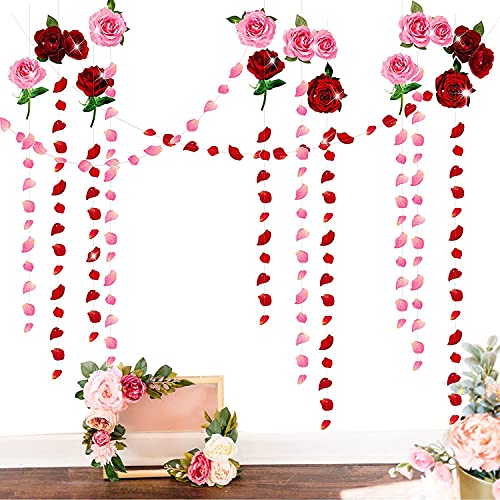 12 Pcs Red Pink Rose Garland Paper Rose Flower Patel Streamer Wedding Engagement Anniverasy Bridal Shower Birthday Bday Party Hanging Decoration