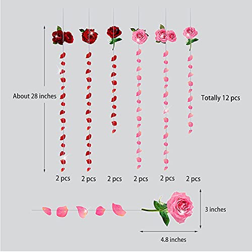 12 Pcs Red Pink Rose Garland Paper Rose Flower Patel Streamer Wedding Engagement Anniverasy Bridal Shower Birthday Bday Party Hanging Decoration